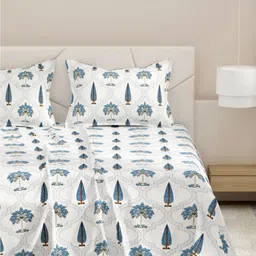DREAM WEAVERZ White And Blue Printed Cotton 220 TC King Bedsheet Set 2.75m x 2.55m-15