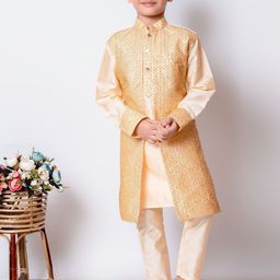 NFC CREATION Boys Embroidered Regular Sequinned Dupion Silk Kurta with Pyjamas image 1