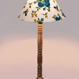 Devansh White & Blue Wooden Floral Printed Frustum Shaped Table Lamp-53