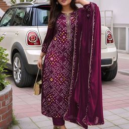 GoSriKi Bandhani Printed Notch Neck Straight Kurta With Trousers & Dupatta-picture-47