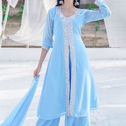GO BOUJEE Floral Yoke Design Georgette A-Line Kurta With Palazzos & Dupatta-image-10