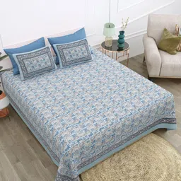 Texstylers Blue & Multicoloured Floral 210 TC Queen Bedsheet with 2 Pillow Covers-image-74