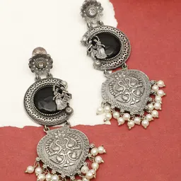 VIVAZS Silver-Plated Artificial Stones Studded & Beaded Oxidised Floral Drop Earrings-picture-42