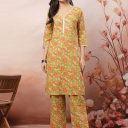 Anouk Rustic Floral Printed V-Neck Gotta Patti Pure Cotton Kurta With Trousers-picture-40