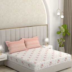 Pure Decor White & Peach-Coloured Floral 200 TC Queen Bedsheet with 2 Pillow Covers-image-4