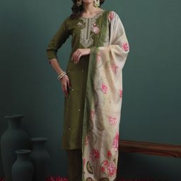 Royal Export Women Floral Embroidered Thread Work Kurta with Trousers & Dupatta-13