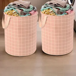 Aura 2Pcs White & Brown Checked Cotton Foldable Laundry Bags - 60 L Each-39