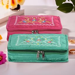 Aura Pink and Green 2 Pieces Embroidered 7-Compartments Jewellery Organisers-6