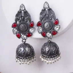 Sangria Silver-Plated Artificial Stone-Studded Oxidised Earrings-12