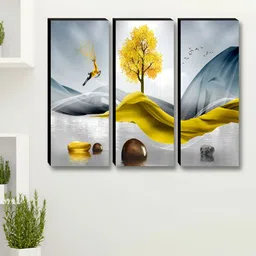 SAF Grey & Yellow 3 Pieces Floral Printed Wall Paintings-image-97