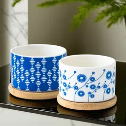 Ekhasa White & Blue 2 Pieces Printed Ceramic Planters With Saucer-45