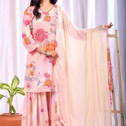 MissKurti Women Ethnic Motifs Printed Regular Thread Work Pure Cotton Kurta with Sharara & With Dupatta-1