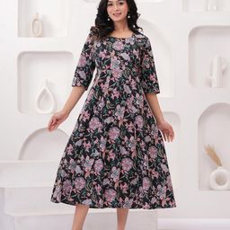 Sanganeri Kurti Women Cotton Floral Printed A-Line Midi Dress-image-36