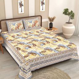 COLOURSBLOCK Blue & Brown Floral 180 TC King Bedsheet with 2 Pillow Covers-image-95