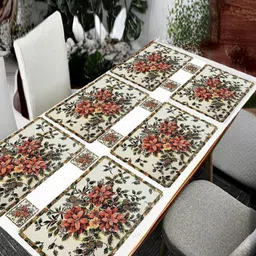 REVEXO 6Pc White & Green Printed Rectangle Costers & Table Placemats-32