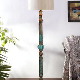 Devansh Brown & Blue Drum Shade Floor Lamp With Wooden Base-48