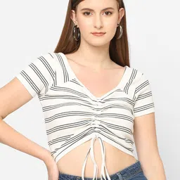 Kraus Jeans Women V-Neck Horizontal Stripes Crop Top-picture-13