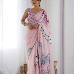 ODETTE Light Pink Chinon Printed Saree With Unstitched Blouse For Women-picture-25