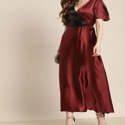 Qurvii Women Flared Sleeve Satin Maxi Dress-41