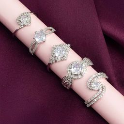 PRIVIU Set Of 5 Silver-Plated American Diamond Stone-Studded Adjustable Finger Ring-image-37