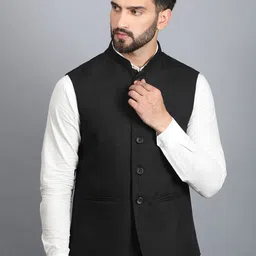 Ethluxis Men Mandarin Collar Woven Nehru Jackets-image-6