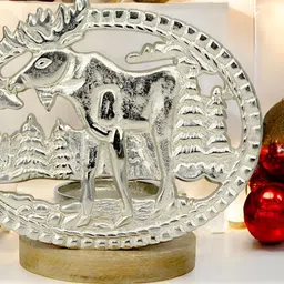 Hind Decor Silver Toned Aluminium & Wooden Base Christmas Reindeer Candle Holder-picture-47