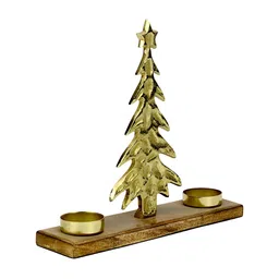Hind Decor Gold-Toned & Brown Christmas Tree Shaped Two Wooden Base Candle Holder-picture-33