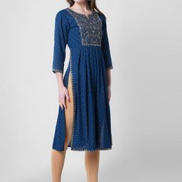 PURVIJA KURTIES Ethnic Motifs Embroidered Indigo A-line Kurta-image-74