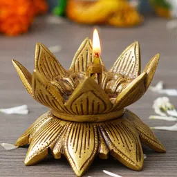 eCraftIndia Gold Toned Lotus Flower Designer Brass Diya-image-22