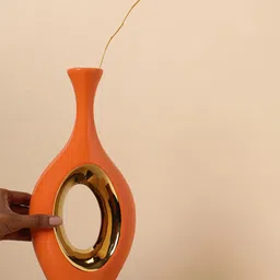 Bonhomie Orange Coloured & Gold-Toned Abstract Shaped Ceramic Vase-image-17