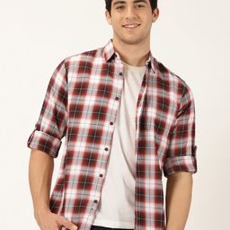 Moda Rapido White & Red Sandard Slim Fit Cotton Tartan Checks Opaque Checked Casual Shirt-image-50