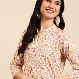 SHOWOFF Women Cream-Colored & Red Floral Printed Mirror Work Cotton Anarkali Kurta-picture-18