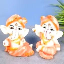 apka mart Orange and White 2 Pcs Shri Ganesha Idol Religious Idol Showpiece-image-55