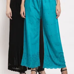 Miaz Lifestyle Women Blue & Black Schiffli Embroidery Flared Knitted Palazzos Pack Of 2-image-97