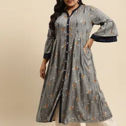 RANGMAYEE Women Grey & Blue Floral Printed Bell Sleeves Indie Prints Liva Kurta-image-35