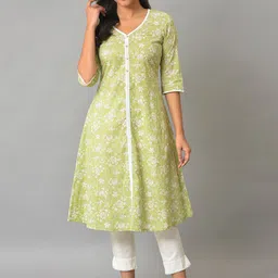 AURELIA Floral Printed Cotton V-Neck A-Line Kurta-45