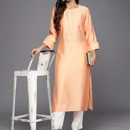 Anouk Peach Coloured Roll-Up Sleeves Pure Liva Straight Kurta-image-18