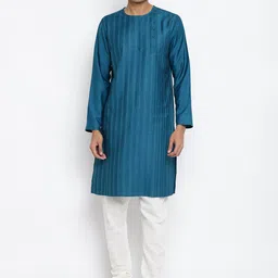 Fabindia Men Teal Striped Thread Work Kurta-picture-40