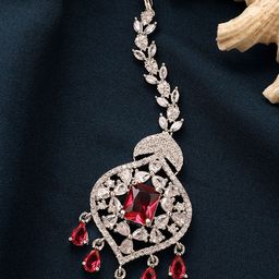 ZENEME Rhodium Plated Gleam Red American Diamond Studded Sapphire Mangtikka-46