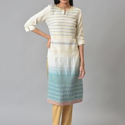 AURELIA Women Off White & Blue Woven Design Viscose Rayon Kurta-picture-12