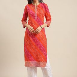 Varanga Women Orange Bandhani Motifs Printed Pure Cotton Kurta-picture-42