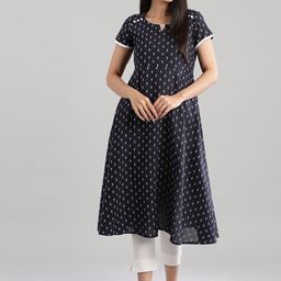 AURELIA Women Navy Blue & Off White Geometric Printed Keyhole Neck Kurta-picture-13