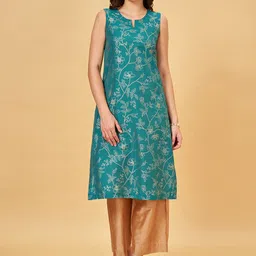 RANGMANCH BY PANTALOONS Ethnic Motifs Woven Design Straight Round Neck A-Line Kurta-image-95