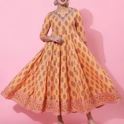 KIMAYRA Ethnic Motifs Printed Embroidered Detail Cotton Fit and Flare Maxi Ethnic Dress-18