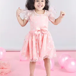 Cutiekins Girls Ethnic Motifs Printed Flutter Sleeve Net Bow Fit & Flare Dress-3