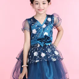 Cutiekins Girls Floral Printed Puff Sleeve Layered Bow Net Fit & Flare Dress-image-51