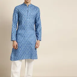 SOJANYA Men Blue & White Geometric Printed Straight Pure Cotton Kurta-image-42