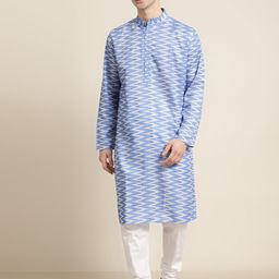 SOJANYA Men Blue & White Pure Cotton Chevron Printed Kurta-picture-18