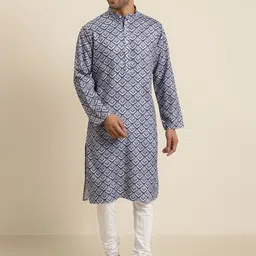 SOJANYA Men Off-White & Blue Cotton Geometric Printed Straight Kurta-image-41