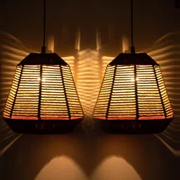 ExclusiveLane Red & Beige Set of 2 Jute Pyramidal Iron Hanging Pendant Lamp-8